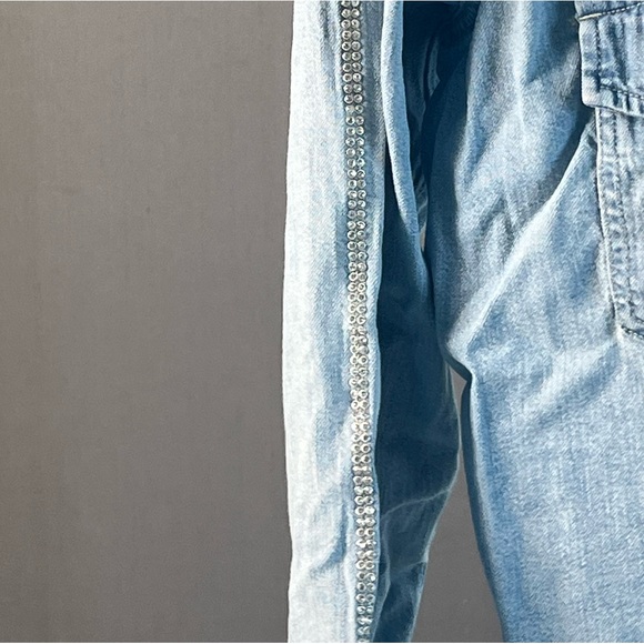 Denim Shirt. Button Down. Rhinestone Sleeves. Collar - Picture 3 of 5